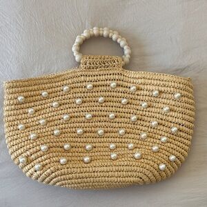 Pearl-Studded Beige Woven Tote